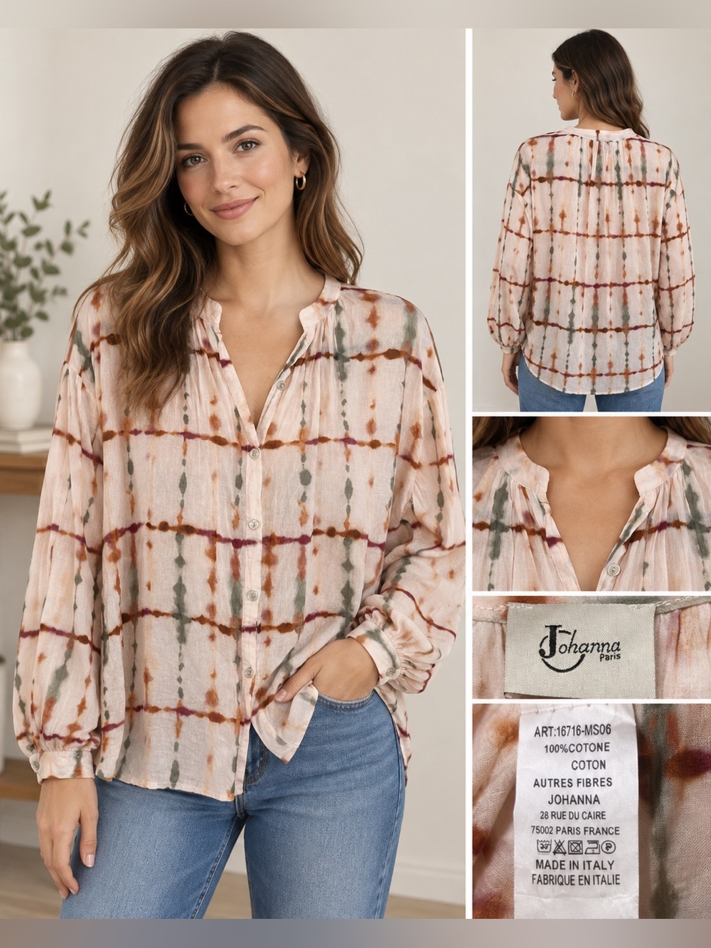 Johanna Paris 100% Cotton Tie Dye Button Front Blouse Made in Italy